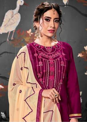 Purple embroidered satin unstitched salwar with dupatta 2