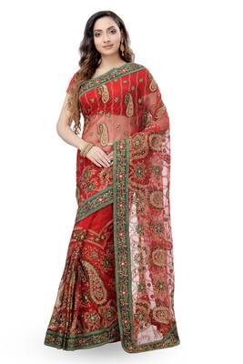 Red Embroidered Net Saree With Blouse 1