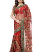 Red Embroidered Net Saree With Blouse