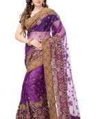 Purple Embroidered Net Saree With Blouse