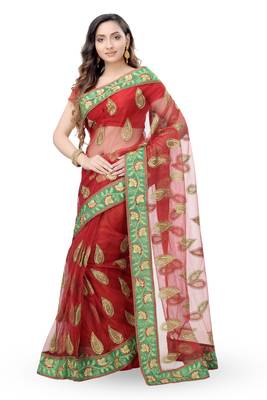 Red Embroidered Net Saree With Blouse 1