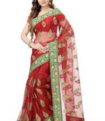 Red Embroidered Net Saree With Blouse