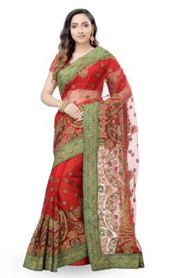 Red Embroidered Net Saree With Blouse 1