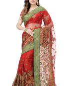 Red Embroidered Net Saree With Blouse
