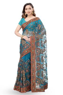 Turquoise Embroidered Net Saree With Blouse 1