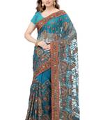 Turquoise Embroidered Net Saree With Blouse