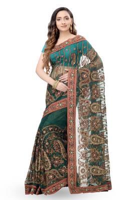 Dark Green Embroidered Net Saree With Blouse 1
