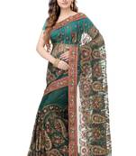 Dark Green Embroidered Net Saree With Blouse