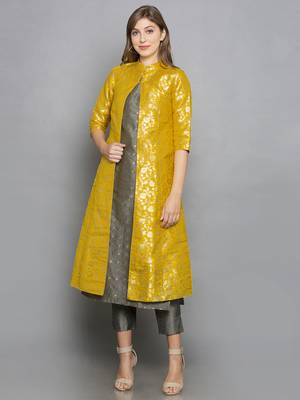 grey woven art silk stitched kurta sets 1