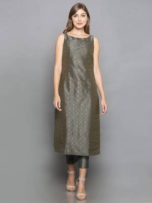 grey woven art silk stitched kurta sets 2