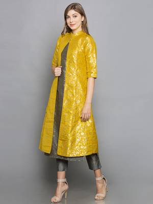grey woven art silk stitched kurta sets 4