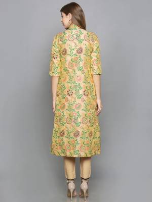 pink woven art silk stitched kurta sets 2