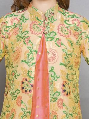 pink woven art silk stitched kurta sets 4