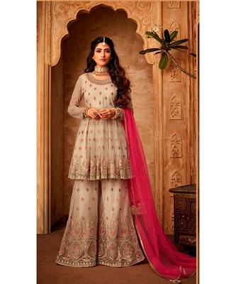 cream embroidered net semi stitched salwar with dupatta 1