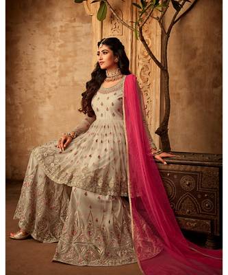 cream embroidered net semi stitched salwar with dupatta 2