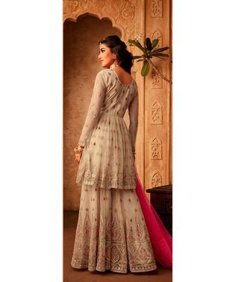 cream embroidered net semi stitched salwar with dupatta 3