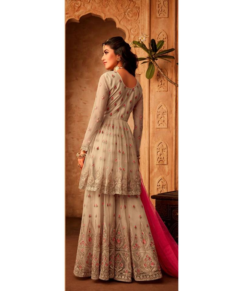 cream embroidered net semi stitched salwar with dupatta