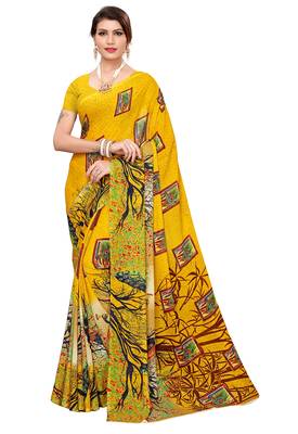 Yellow printed faux georgette saree with blouse 1