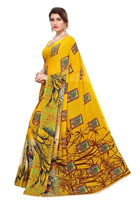 Yellow printed faux georgette saree with blouse 2