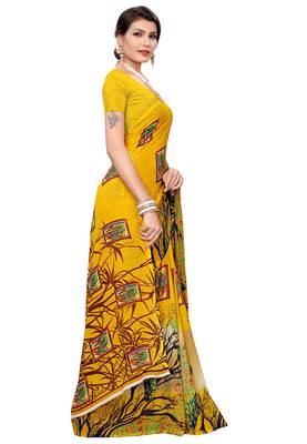 Yellow printed faux georgette saree with blouse 3