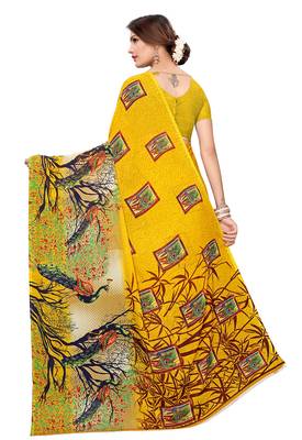 Yellow printed faux georgette saree with blouse 5