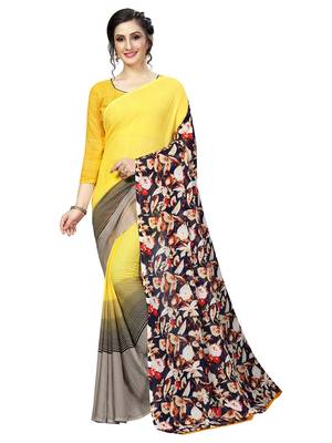 Yellow printed faux georgette saree with blouse 1