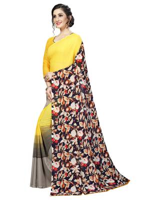 Yellow printed faux georgette saree with blouse 3