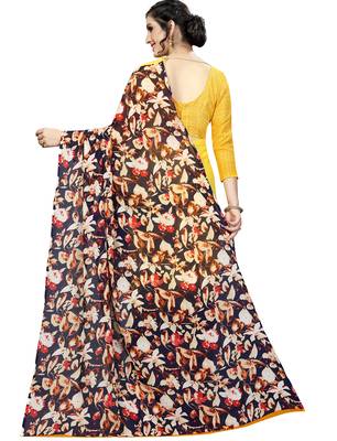 Yellow printed faux georgette saree with blouse 5
