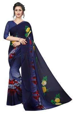 blue printed faux georgette saree with blouse 1