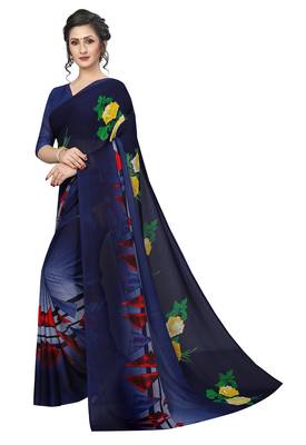 blue printed faux georgette saree with blouse 3