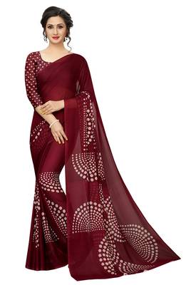 Maroon printed faux georgette saree with blouse 1