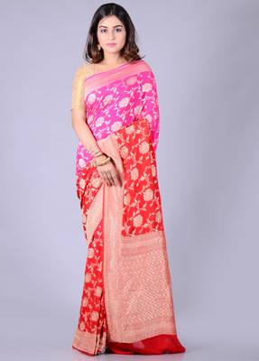 Red hand woven pure chiffon saree with blouse 1