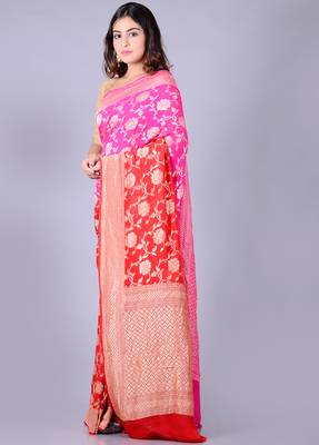 Red hand woven pure chiffon saree with blouse 2