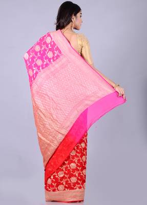 Red hand woven pure chiffon saree with blouse 3