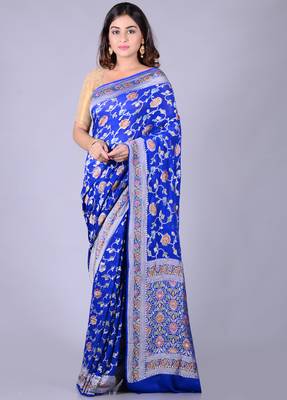 Blue hand woven pure chiffon saree with blouse 1