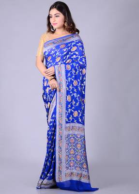 Blue hand woven pure chiffon saree with blouse 2