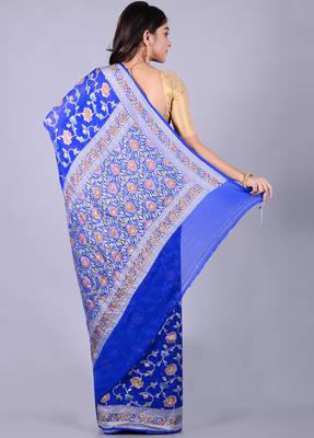 Blue hand woven pure chiffon saree with blouse 3