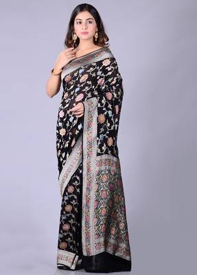 Black hand woven pure chiffon saree with blouse 1