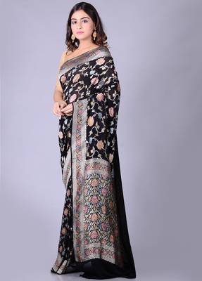 Black hand woven pure chiffon saree with blouse 2