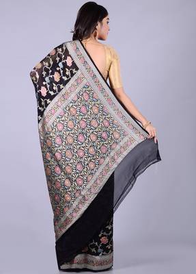 Black hand woven pure chiffon saree with blouse 3