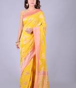 Yellow hand woven pure chiffon saree with blouse