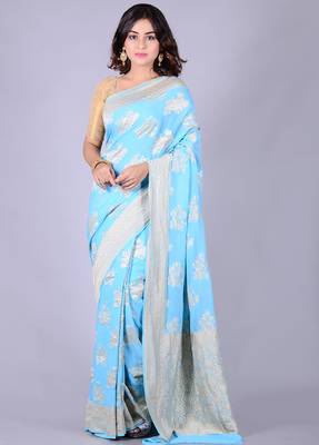Blue hand woven pure chiffon saree with blouse 1