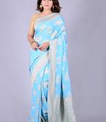 Blue hand woven pure chiffon saree with blouse