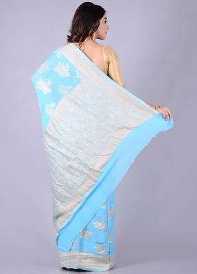 Blue hand woven pure chiffon saree with blouse 2