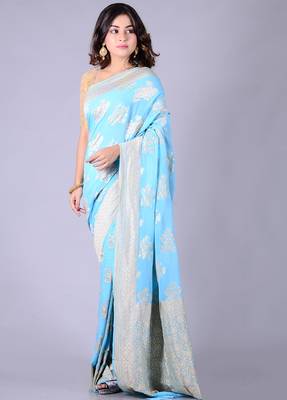 Blue hand woven pure chiffon saree with blouse 3