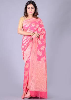 Coral hand woven pure chiffon saree with blouse 1