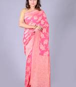 Coral hand woven pure chiffon saree with blouse