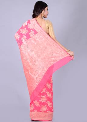Coral hand woven pure chiffon saree with blouse 2