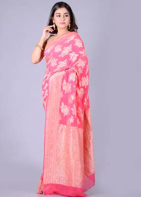 Coral hand woven pure chiffon saree with blouse 3