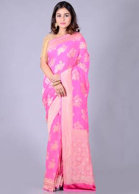 Pink hand woven pure chiffon saree with blouse 1